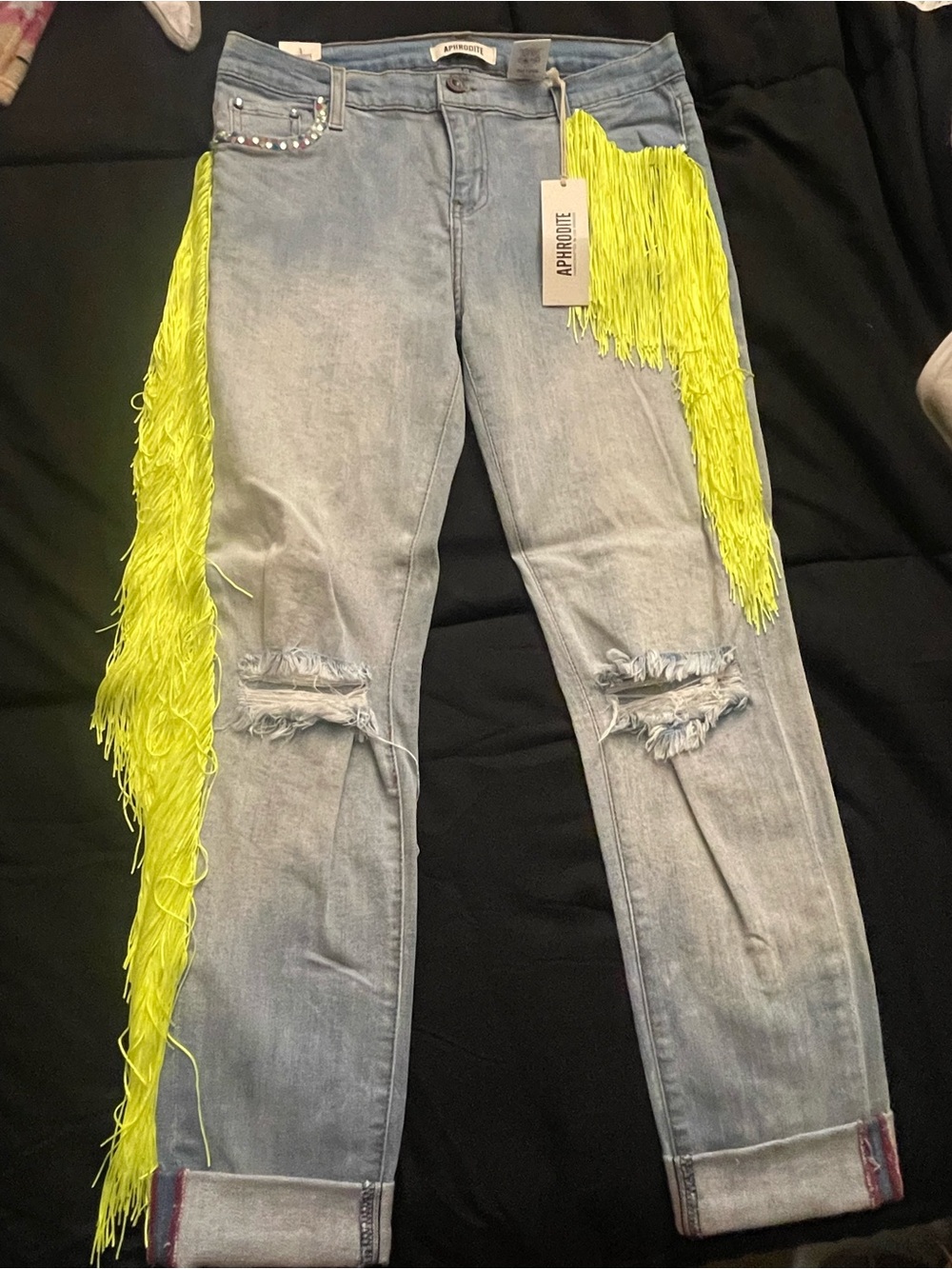 Aphrodite Light Blue Boyfriend Jeans with Neon Yellow Fringe
